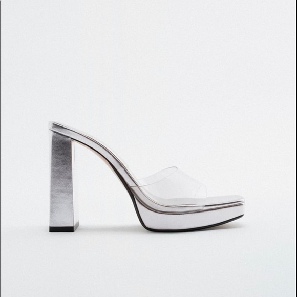 ZARA PLATFORM SILVER MULE HEELS